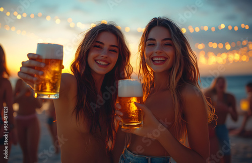 “Two Friends Toasting with Beer Glasses at Sunset on the Beach, Celebrating Friendship and Joy in a Relaxed, Scenic Outdoor Setting with a Warm and Inviting Atmosphere” 