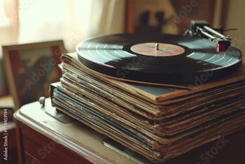 A vintage turntable rests atop a stack of classic vinyl records, a testament to the timeless allure of analog music.