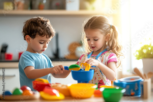 Two young children playing together with toy kitchen utensils, enjoying creative pretend play in a bright home environment