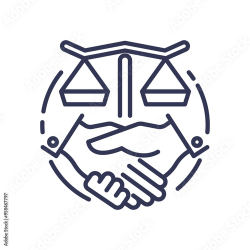 Illustration of a handshake and scales of justice symbolizing ethical business practices and fairness.