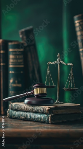 Gavel and Scales of Justice on Ancient Book Representing the Law