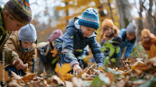 School children in nature, collecting leaves for a biology project