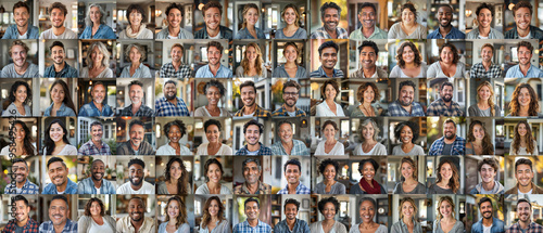 People - a grid of 84 unique square headshots of a variety of diverse, smiling, friendly people in a home setting, casual style - 88MP XXXL 