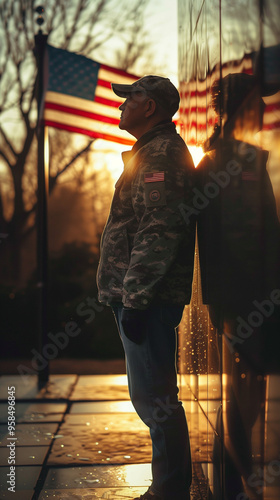 Veteran standing in front of a memorial wall on Veterans Day, American flag in the background