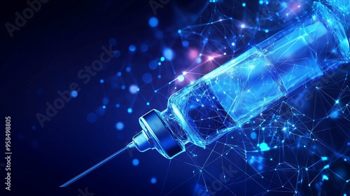 Medical vaccination or insulin injection concept. Low poly style abstract geometric background, syringe lying on a bottle. Wireframe hologram structure. Modern blue 3d graphic. Vector illustration. 