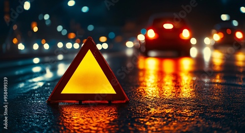 Emergency Triangle on Wet Road at Night with Blurred Traffic Lights