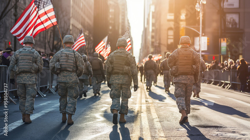 Veterans Day parade with military veterans marching down a city street, American flags waving