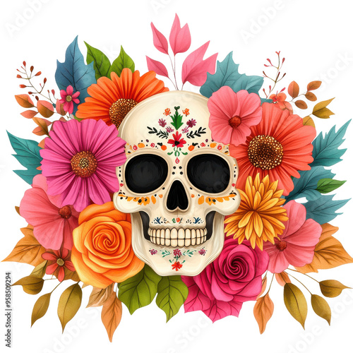 Sugar Skull with Colorful Flowers for Day of the Dead