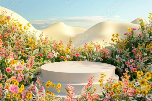 Product podium with a flower hills outdoors nature spring.