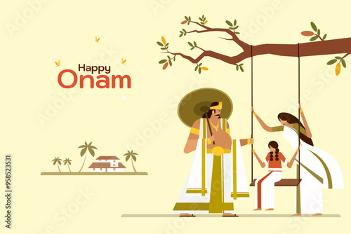 Illustration of King Mahabali with a family sitting in a swing. Concept for Onam festival in Kerala