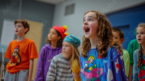 38. Students performing a skit with costumes and props in a drama class