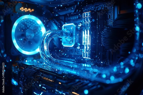 Closeup of a computer motherboard with blue LED lighting and a liquid cooling system