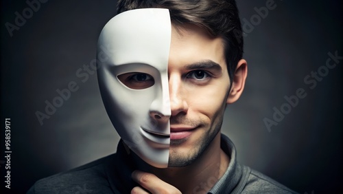 A deceitful individual reveals their true nature, hiding behind a mask of sweetness, with a split face expressing