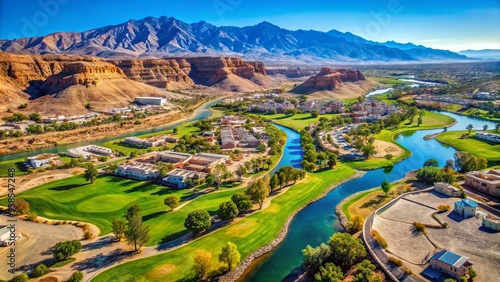 Aerial view of Mesquite, Nevada, showcasing the Virgin River, golf courses, and desert landscape of Clark County, with