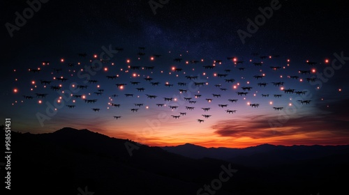 Night Sky with Swarm of Drones Forming Light Show