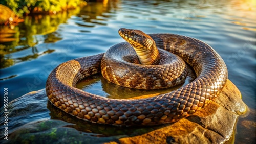 A large northern water snake coils on a sunny rock near a tranquil lake, its intricate scales shimmering