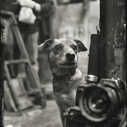 Awaiting photographer a loyal dog patiently sits.