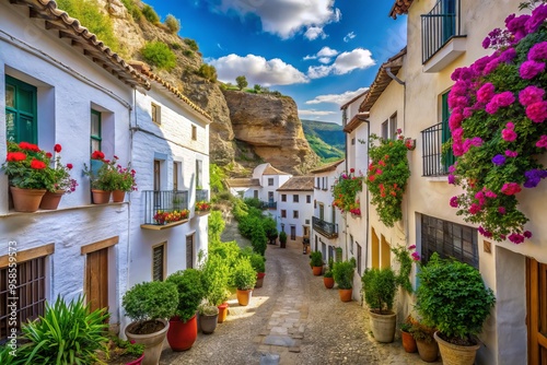 Ancient whitewashed houses stacked upon limestone cliffs, narrow cobblestone streets, and vibrant flowers create a