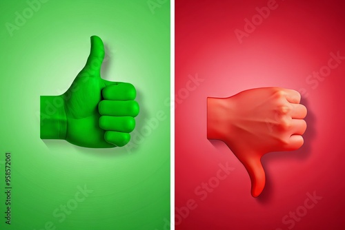 A split-screen image featuring a green thumbs up and a red thumbs down, conveying approval and disapproval, set