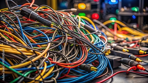 Close-up of a tangled mess of colorful cables, wires, and adapters strewn across a cluttered video production studio