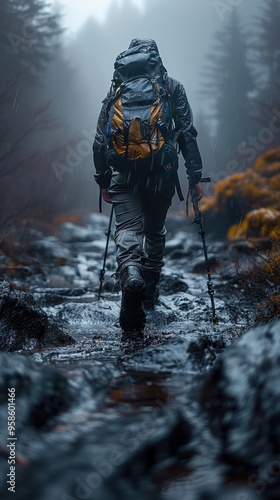 A lone hiker with a large yellow-black backpack navigates a wet, rocky trail surrounded by misty forest scenery, embodying the essence of adventure and exploration