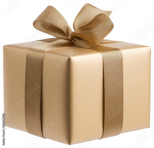 A beautifully wrapped golden gift box adorned with a satin ribbon isolated on transparent background.