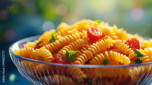 A vibrant portion of fusilli pasta with cherry tomatoes and fresh basil in a clear glass bowl against a blurred colorful background