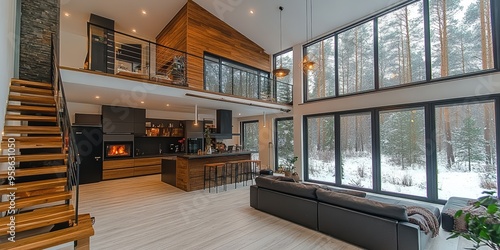 Stunning modern living room interior with high ceilings, extensive windows showcasing a snowy forest view, and a mezzanine level above a sleek kitchen