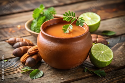 Freshly squeezed agua de tamarindo juice poured into a rustic clay cup, garnished with a sprig of fragrant