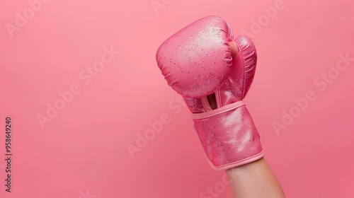 pink glitter boxer glowe, hand raised up, breast cancer awareness month