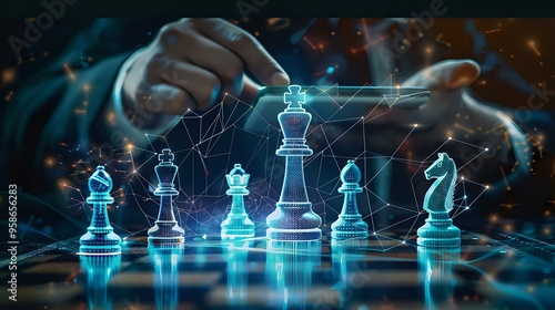  futuristic chess game with glowing digital chess pieces representing strategy and innovation. The player's hand hovers over the board, symbolizing decision-making and strategic planning in a digital