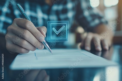 This is the quality document control checklist with the business approval project concept. The businessman ticks off the correct sign mark in the electronic document on the virtual screen.