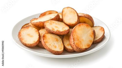 Sliced potatoes on white plate - fresh and raw vegetable slices