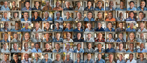 People - Retired Men - a grid of 84 unique square headshots of a variety of diverse, smiling, friendly mature older men in a casual home setting - 88MP XXXL