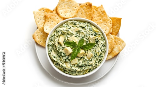 Fresh spinach artichoke dip with cheese and crackers on a white plate