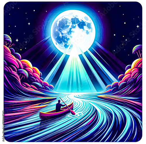 The moonbeam creates a vibrant aura, casting ethereal light that contrasts with the dense shadows of the surrounding forest minimalist vector art illustration images 