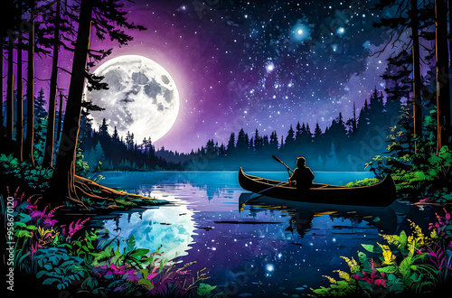 The moonbeam creates a vibrant aura around the canoeist, casting ethereal light minimalist vector art illustration images 