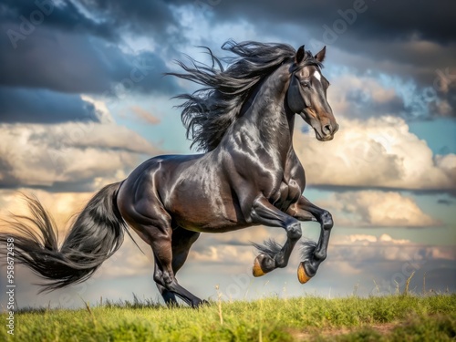 Majestic black horse in full gallop, mane and tail flowing in the wind, hooves pounding the ground, powerful