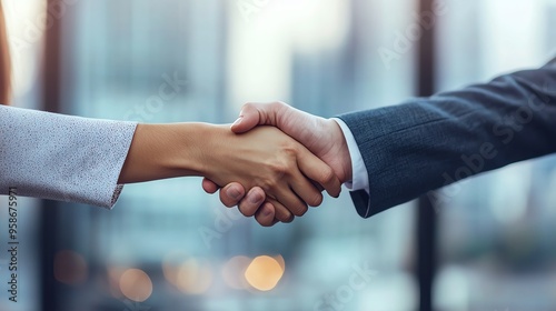 A professional handshake symbolizing agreement, partnership, and trust in a corporate environment with a modern backdrop.