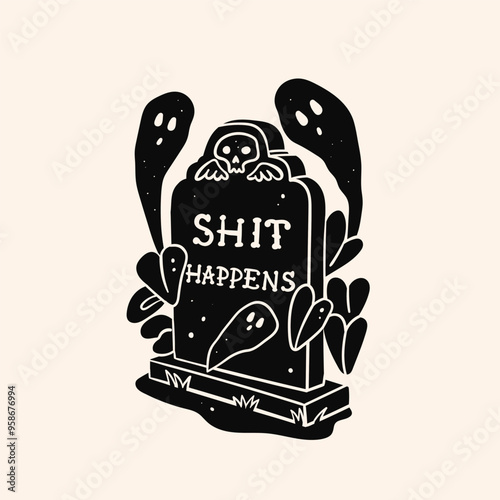 Gravestone with ghosts. Tomb cemetery stone with text. Shit happens. Funny sarcastic phrase. Hand drawn Vector illustration. Halloween, horror, holiday concept. Print, logo design template