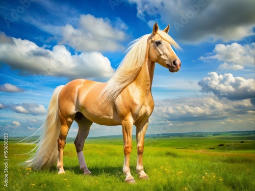 Majestic palomino horse with gleaming golden coat, flowing mane, and bright inquisitive eyes stands proudly in a lush