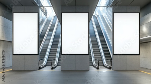 Blank poster mockup in metro station Three big vertical. portrait orientation blank poster with metro escalator background : Generative AI