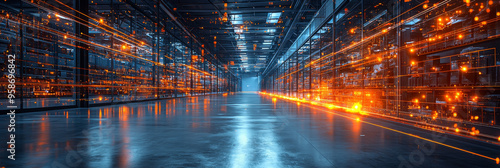 A futuristic server room with glowing lights and data streams. The room is empty, giving a sense of vastness and potential.