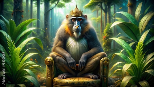 Regal mandrill king sits upon a lavish throne, adorned with golden ornaments and lush greenery, exuding confidence and