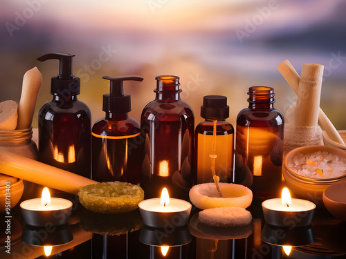 Surtido de botellas de color ámbar y utensilios de spa iluminados por pequeñas velas 