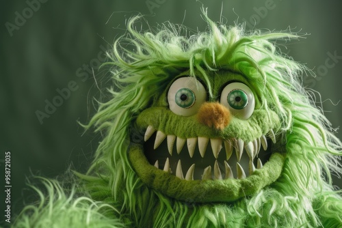 Imagine the fun with a green furry monster puppet, featuring oversized eyes and a silly grin, perfect for interactive play and creative learning.