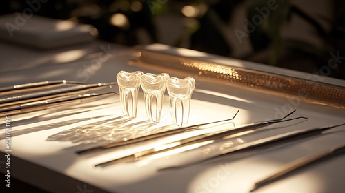 A set of dental instruments placed on a light-sensitive surface creating a photogram with clean sharp shadows and well-defined outlines Stock Photo with copy space