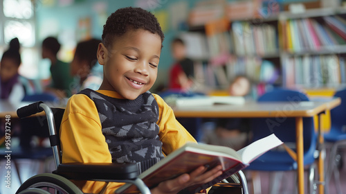 Happy young disabled mixed race school student in wheelchair reading a library book. African american child with disability learning. Inclusive & diverse education