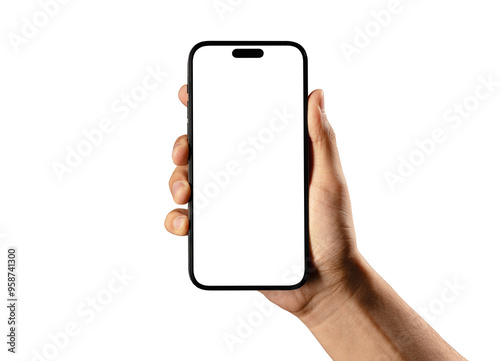 Hand holding smartphone mockup as png photo with blank screen isolated on white background. mobile phone hand mockup