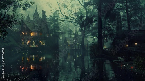 A small village nestled in a misty forest with a river flowing through it. The buildings are lit up, creating a warm glow in the otherwise dark and mysterious setting.